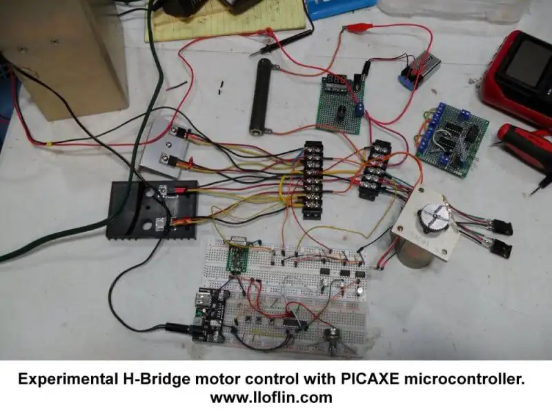 Home built H-bridge DC motor control with PICAXE microcontroller.